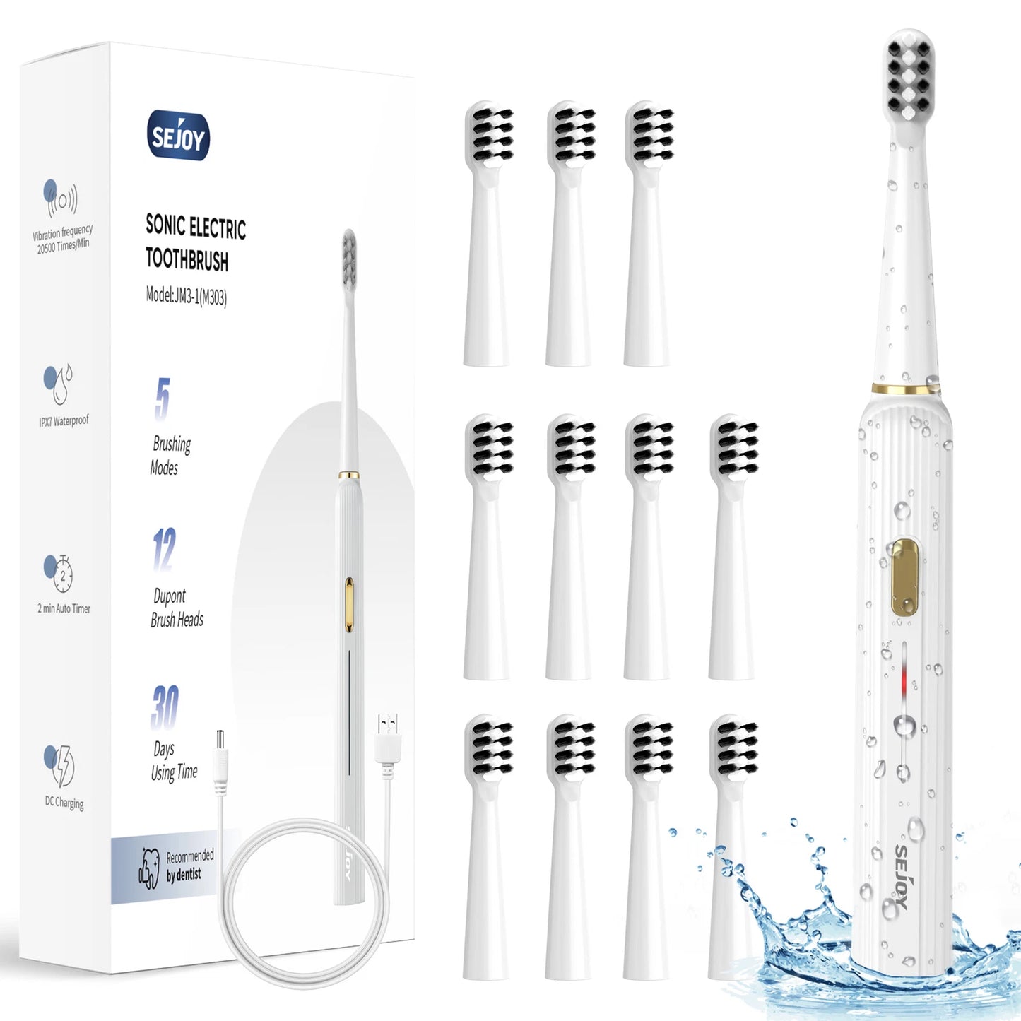 Electric Toothbrush Rechargeable W/ 12 Brush Heads 5 Modes Timer