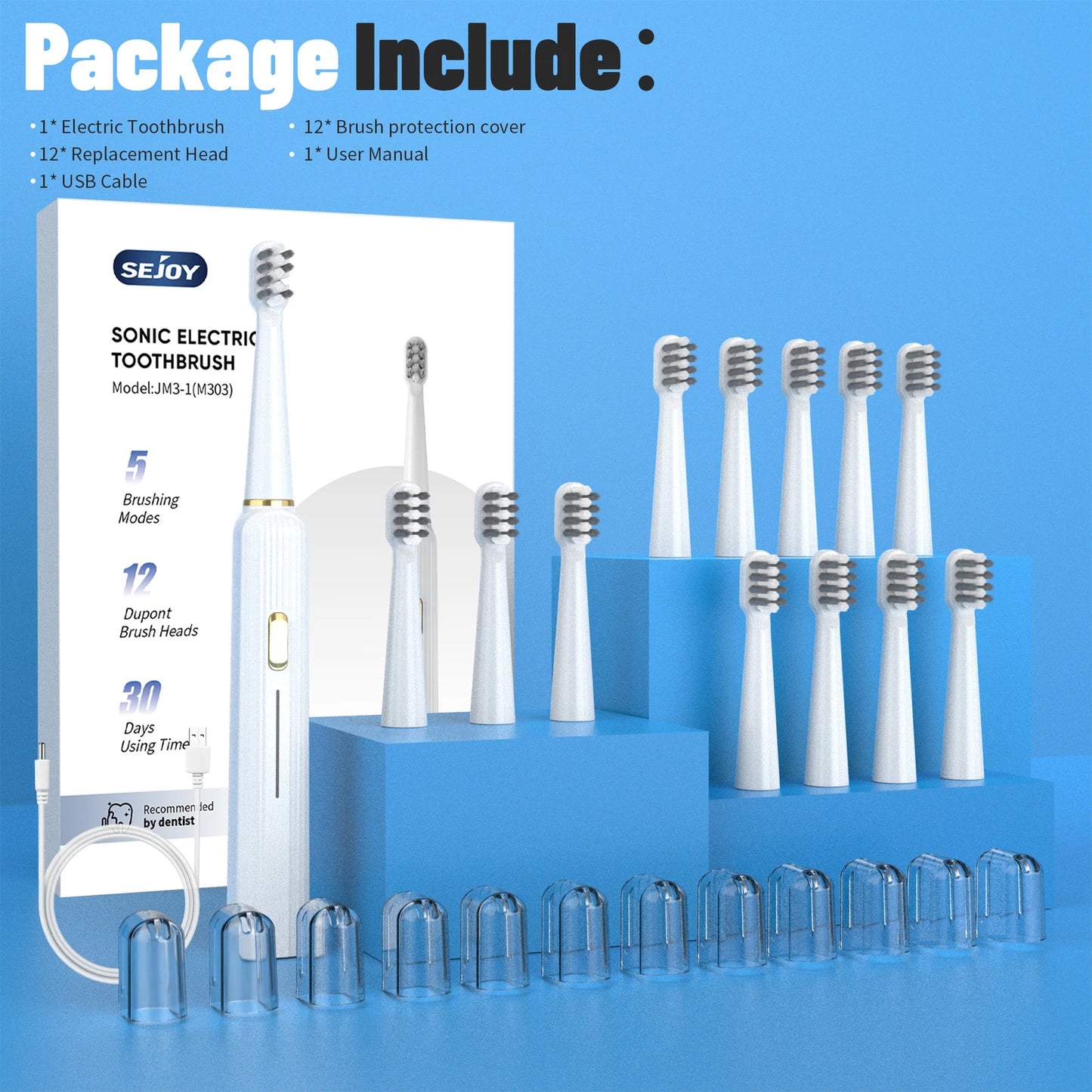 Electric Toothbrush Rechargeable W/ 12 Brush Heads 5 Modes Timer